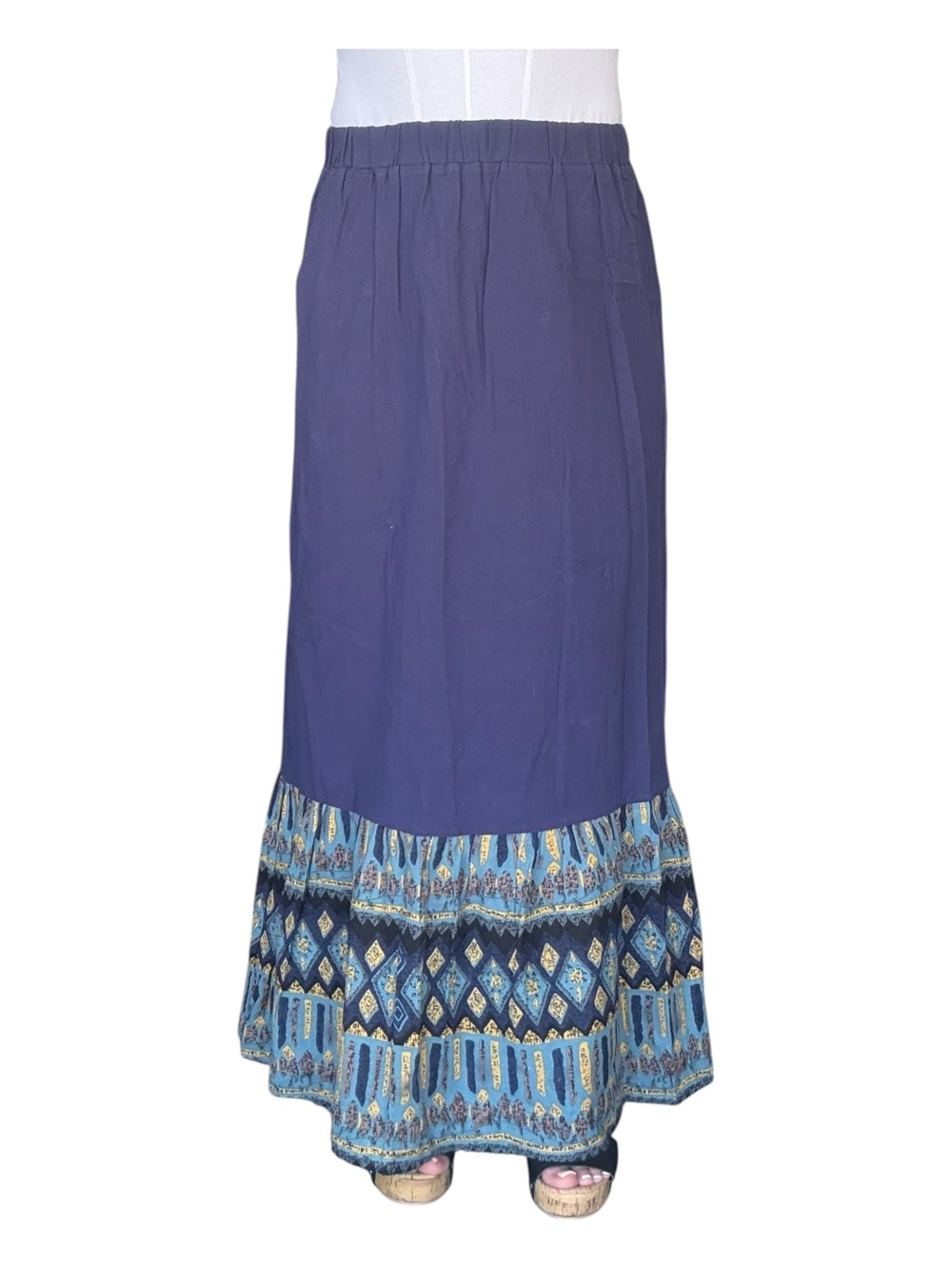 SHEIN NWOT Women’s Blue Boho Maxi Skirt with Printed Hem